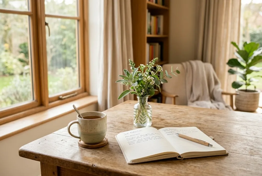 Tasse und aufgeschlagenes Notizbuch auf einem Holztisch neben einer Pflanze im Sonnenlicht