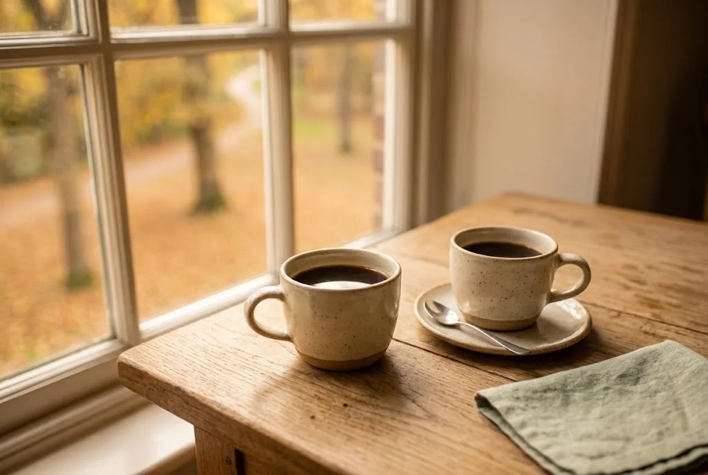 Zwei Kaffeetassen nebeneinander auf einem Holztisch in weichem Morgenlicht