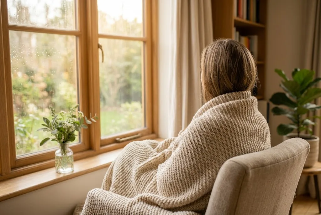 Frau in weicher Strickjacke sitzt mit einer warmen Tasse still auf dem Sofa, sanftes Tageslicht