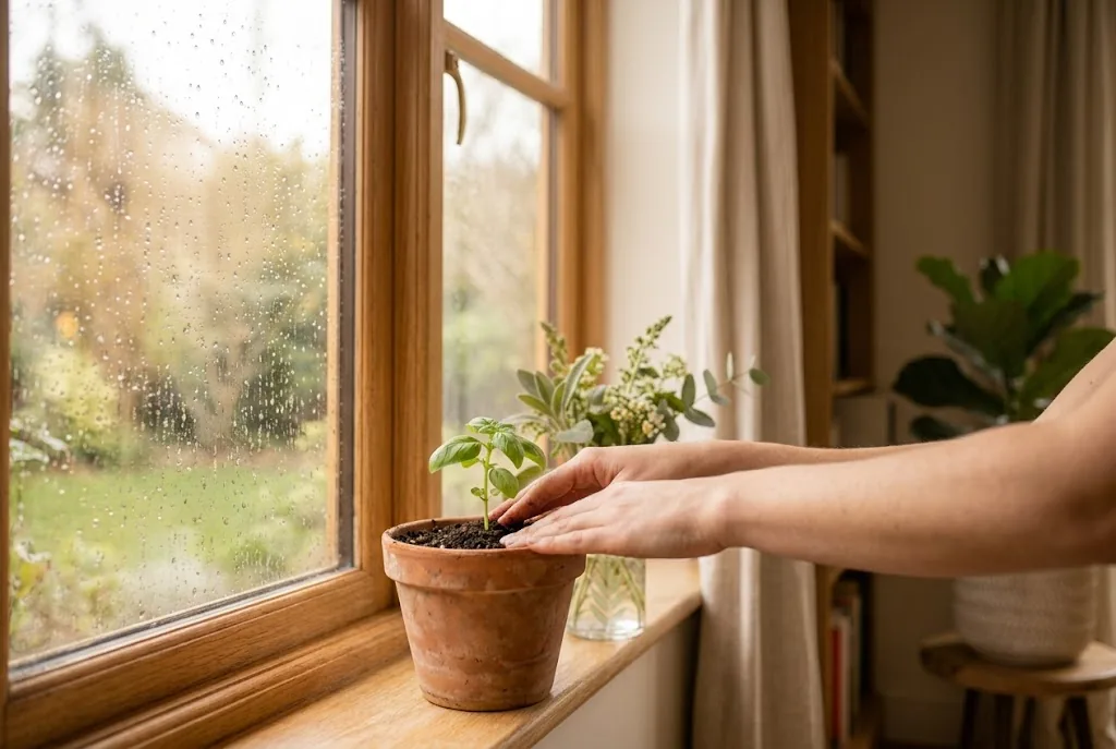 Zwei Hände halten behutsam eine brennende Kerze in einem ruhigen, warm beleuchteten Raum