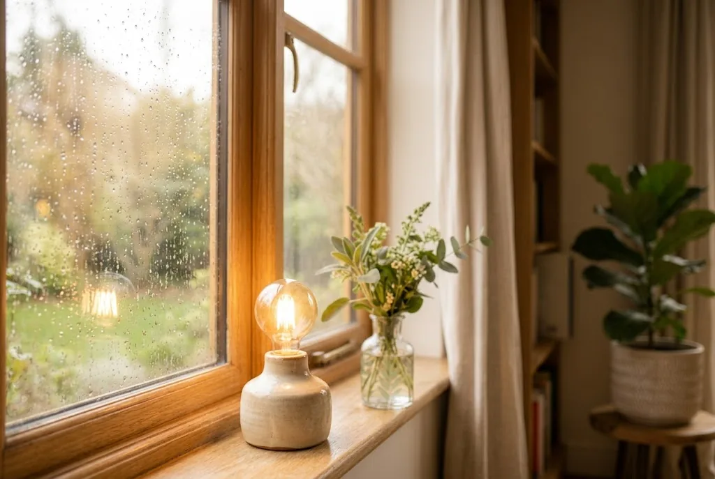 Regentropfen an einer Fensterscheibe, dahinter warmes Licht und eine Zimmerpflanze