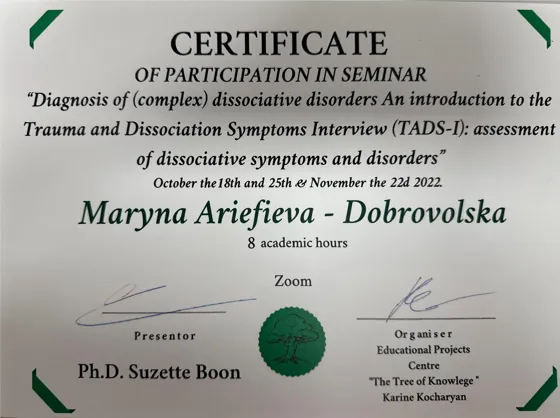 Zertifikat: Dissoziative Störungen (TADS-I), Maryna Ariefieva-Dobrovolska